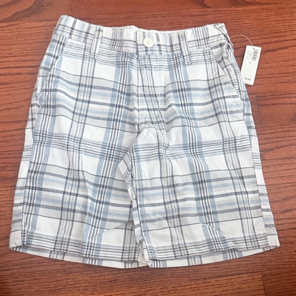 Boy’s Plaid Cotton Blend Shorts - Light Blue/White